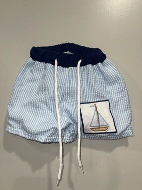 Light Blue Seersucker Sailboat Kids Shorts with Navy Waistband